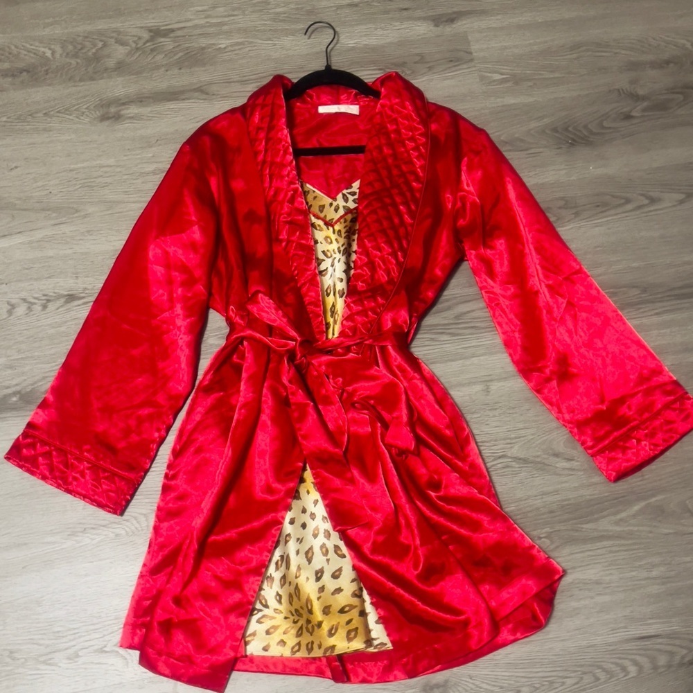 Vintage Oscar de La Renta Pink Label Satin Leopard Print Chemise & Red Robe